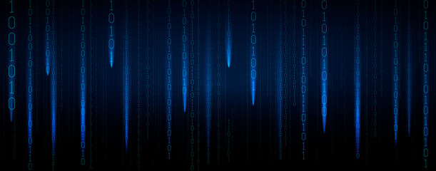 Poster - Abstract blue futuristic cyberspace with stream of binary code, matrix background with digits. The concept of coding and hacker. Falling numbers. Vector illustration.