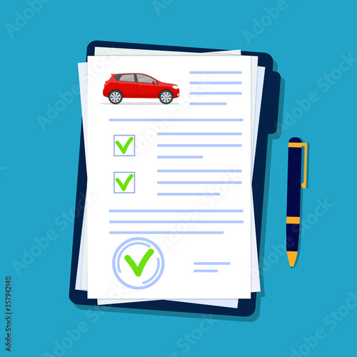 Car Insurance Document In Flat Style Licence Vehicle Checklist In Folder Security Agreement For Automobile Company Transport Report Form With Checkmark Finance Contract Of Auto Vector Buy This Stock Vector And