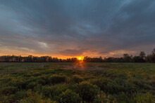 Colorful Sunset Over The Polish Meadow, Marshes