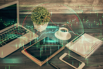 Double exposure of financial graph drawing and cell phone background. Concept of forex trading