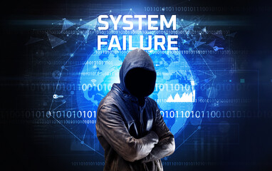 Faceless hacker at work with SYSTEM FAILURE inscription, Computer security concept