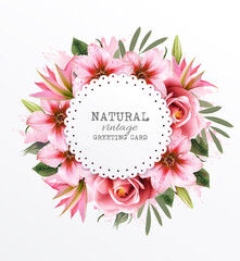 Poster - Holiday vintage greeting card with colorful exotic flowers. Vector.