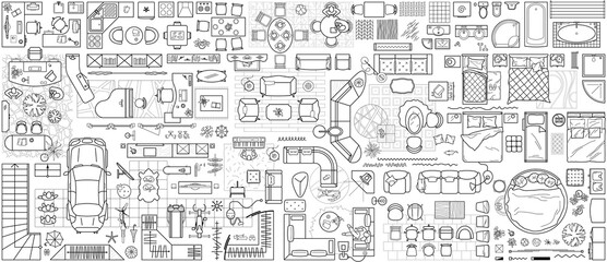Set of furniture top view for apartments plan. The layout of the apartment design, technical drawing. Interior icon for bathrooms, living room, kitchen, bedroom, hallway . Vector floor plan.