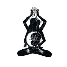 Mystical Meditating Girl In Lotus Position With Dream Catcher. Space Woman In Esoteric Style. Yoga Practice. Boho Art. 