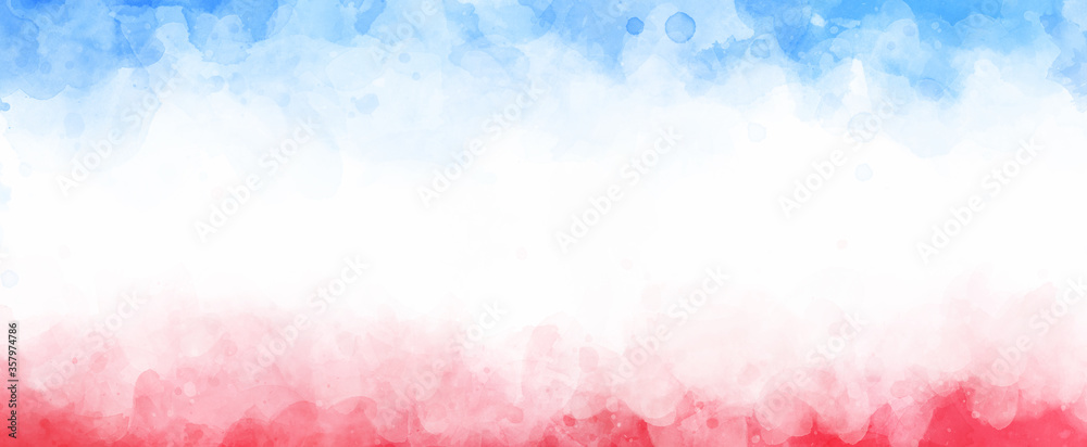July 4th background, red white and blue colors with soft faded watercolor border texture design and blank white center, veteran's day or memorial day patriotic color background - obrazy, fototapety, plakaty 
