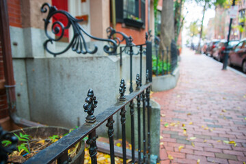 Sticker - Selective focus on foreground in street scene in plush residential suburb in Boston New England.