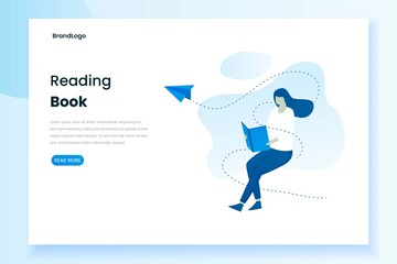 Wall Mural - Illustration of landing page of a woman reading a book. Illustration for websites, landing pages, mobile applications, posters and banners