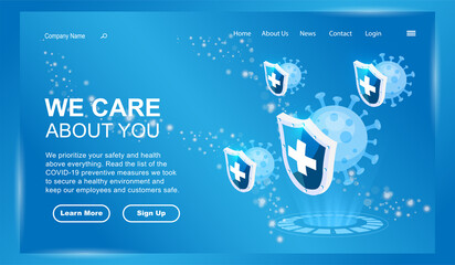  coronavirus/COVID-19, vector illustration of website landing page healthcare protection from coronavirus concept with medical shields icon.