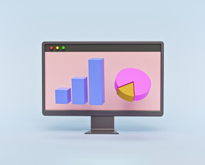 Poster - minimal bar graph, pie chart on a computer monitor. Concept of business financial growth. 3d rendering