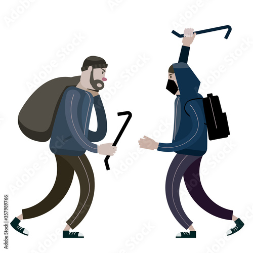 Fotografía Looters with crowbar and bag. Robbers, scrap, criminal characters
