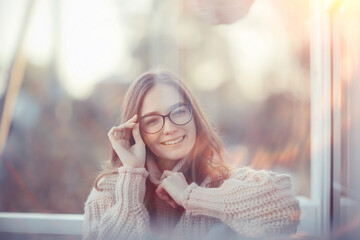 Wall Mural - eyesight concept glasses, girl model in autumn glance, youth style smart student