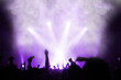 © Евгений Вдовин - silhouette of an emotional crowd at a music festival in front of a spotlight stage. shoot a concert on a smartphone. concert banner or poster. Blur. Selective focus