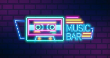 Poster - Music bar neon sign on brick wall background vector flat illustration. Retro cassette and inscription glowing colorful light. Signboard of cafe, restaurant or night club isolated