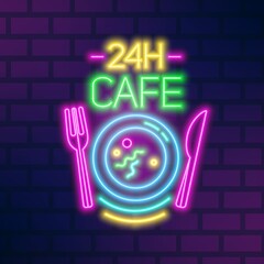 Poster - 24H cafe neon sign on brick wall vector flat illustration. Bright glowing signboard noctidial cafeteria with plate and cutlery. Colorful symbol with inscription isolated. Trendy design elements