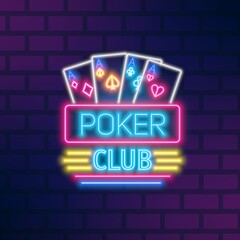 Wall Mural - Poker neon sign design vector flat illustration. Casino glowing light signboard isolated on brick wall background. Symbol of gambling with game cards. Trendy logo with design elements