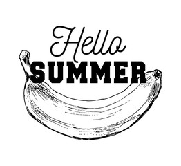 Poster - Black and White Cartoon Vector Illustration of Banana Fruit Food Object for Coloring Book Slogan Hello summer