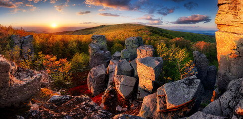 Canvas Print - Rocks in mountain landscape at sunset panorama in Slovakia, Vtacnik