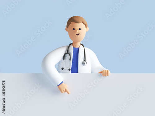 Download 3d Render Smart Doctor Cartoon Character Wearing Uniform And Stethoscope Pointing Finger Down Medical Background Blank Banner Mockup With Copy Space Stock Illustration Adobe Stock