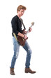 © sharplaninac - Cool young red hair rocker man rehearsing and practice electric guitar in studio. Full body length isolated on white background.