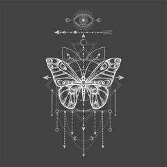 Wall Mural - Vector illustration with hand drawn butterfly and Sacred geometric symbol on black background. Abstract mystic sign.