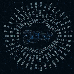 Poster - Capri digital map. Binary rays radiating around glowing island. Internet connections and data exchange design. Vector illustration.