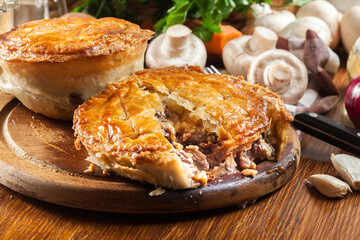 Wall Mural - Fresh beef stew pie on a cutting board