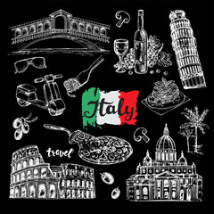 Wall Mural - Hand drawn sketch illustration Italy with food and architecture on a black background. Venice, Rome, Pisa