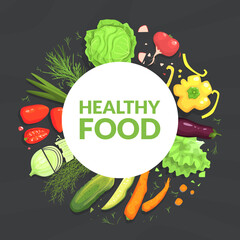 Sticker - Healthy Food Banner Template, Tasty Vegetables Frame of Round Shape, Organic Shop, Restaurant, Cafe Vector Illustration