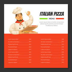 Sticker - Italian Pizza Menu Template, Traditional Cuisine Dishes, Online Ordering Service, Restaurant or Cafe Menu with Cheerful Chef Character Vector Illustration