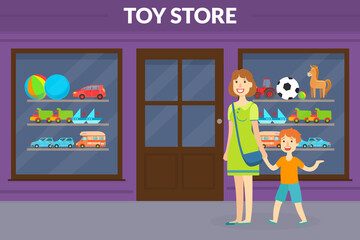 Sticker - Toy Shop Store Front with Customers, Happy Mother and Son Standing in Front of Small Shop Building Flat Style Vector Illustration