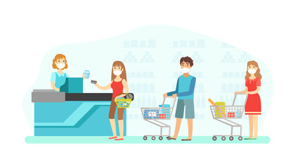 Wall Mural - Buyers Wearing Medical Masks Keeping their Safe Distance at Supermarket, Social Distancing and Virus Prevention Flat Style Vector Illustration