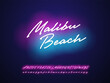 © Paper Wings - Malibu beach neon script design. Vector  alphabet.