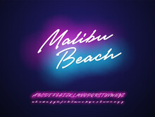 Malibu Beach Neon Script Design. Vector  Alphabet.