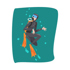 Sticker - Professional Underwater Scuba Diver, Male Diver in Wetsuit, Snorkel, Mask and Flippers Swimming in the Sea, Extreme Water Sport Cartoon Style Vector Illustration