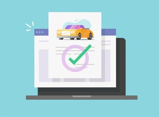 Poster - car or vehicle insurance legal document online check on laptop computer or automobile digital agreem