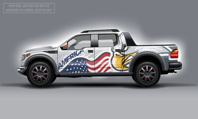 Editable template for wrap SUV with USA flag and Eagle decal. Hi-res vector graphics.