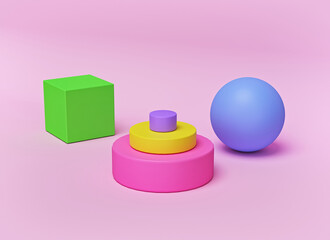 Poster - geometric primitive shapes, colorful elements. minimal abstract design. 3d rendering