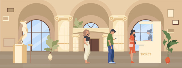 Poster - Queue to museum ticket booth flat color vector illustration