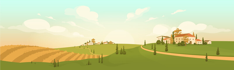 Wall Mural - Autumn countryside view flat color vector illustration