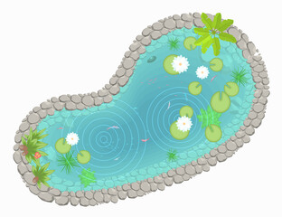 Wall Mural - Vector illustration. Pond with lotuses. (Top view) Lake with fish and plants. (View from above)
