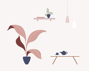 Poster - Cafe interior cartoon vector illustration. Coffee house furniture flat color objects. Furnished cozy cafeteria. Houseplants in living room. Teapot and cup on coffee table isolated on pink background