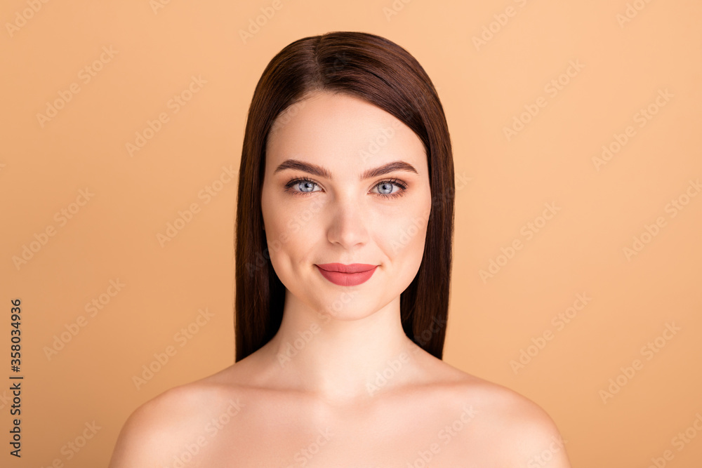 Close up photo of gorgeous girl feel content want attract men have new ...