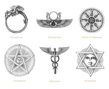 Drawn Sketches Of Mystical Symbols. Set Of Vector Illustrations. Vintage Pastiche Of Esoteric And Occult Signs.