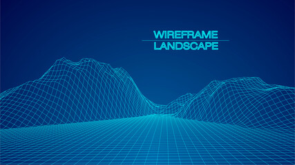 Abstract digital polygonal wireframe landscape. Blue vector mesh illustration on dark background. Digital polygonal wireframe landscape. Vector mesh illustration .