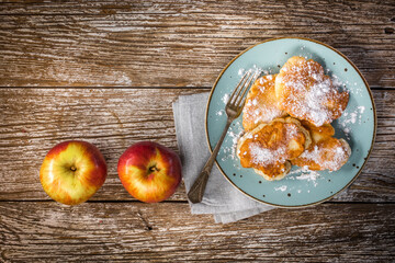 Homemade pancakes on a wooden table.