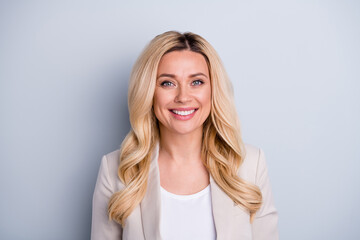 Sticker - Close-up portrait of her she nice attractive lovely pretty cheerful content wavy-haired businesslady expert shark banker financier isolated over light white gray pastel color background