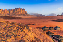 Wadi Rum Desert, Jordan. The Red Desert And Bedouin Camp.