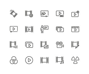 Poster - cinema icons. set of twenty line icons. player filmstrip, camera. video content concept. illustratio