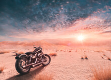 Enjoy The Freedom With Your Harley Davidson Bike In The Calm Desert At Sunset