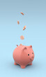 3D illustration of pink piggy bank on blue background with coins falling into slot.